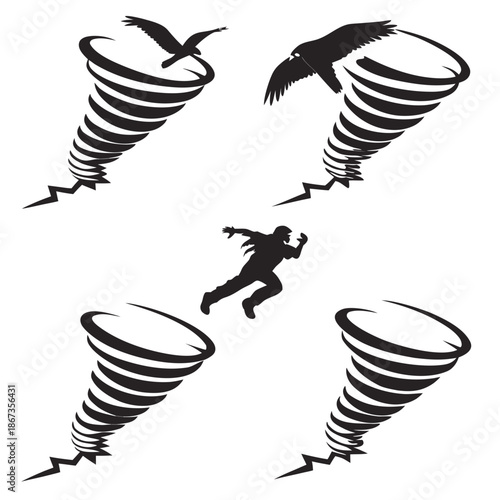 Illustration of tornadoes and a person running