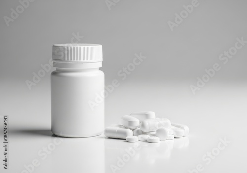 White medicine bottle and capsules isolated on white background
