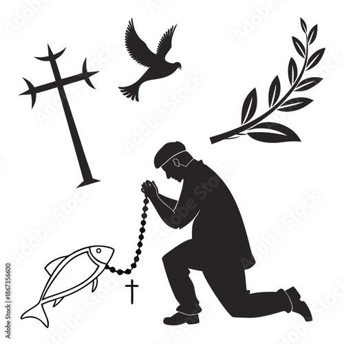 Silhouette of a person in prayer with religious symbols