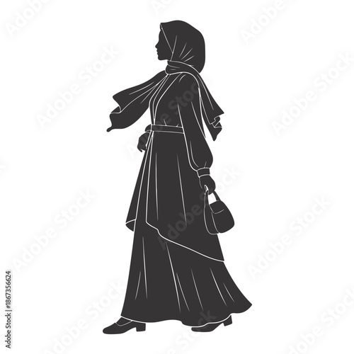 Muslim woman silhouette walking in modest dress with handbag