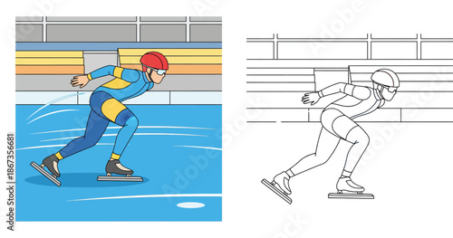 Speed skater vector illustration and black and white outline for coloring book; Winter sports athlete racing on ice rink cartoon character isolated for design and educational activity.