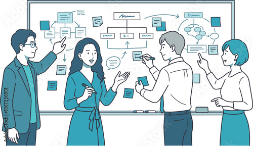 Business team brainstorming ideas using whiteboard and sticky notes