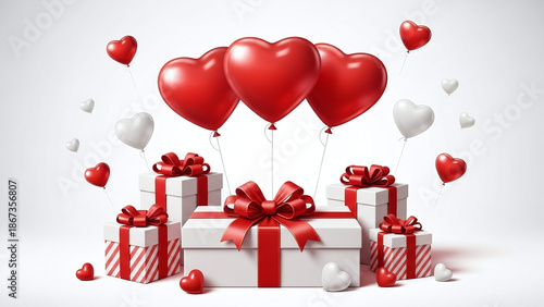 3D illustration of a red gift box with a pink heart balloon and ribbon for Valentine's Day celebration, a romantic love symbol design for wedding or birthday holiday card decoration