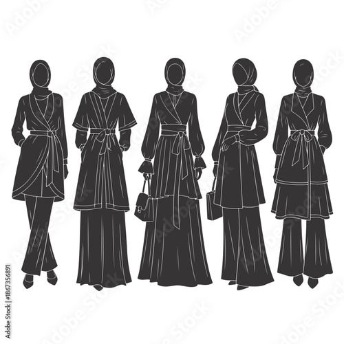 Muslim fashion silhouette group wearing diverse hijab and abaya styles