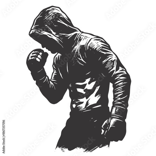 Boxer silhouette wearing hoodie and gloves in fighting stance