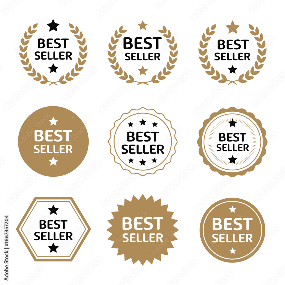 Obraz premium Best Seller Icon Badge Set, Gold Award Round Stamp, Sticker with Ribbon, Stars and Bestseller Text for Top Sales Design.