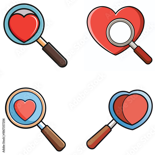 Magnifying glass over heart, simple vector
