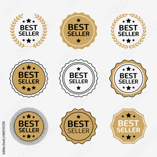 Bestseller Logo Label Tag Design Template, Gold Award Badge, Round Sticker with Ribbon, Stars and Best Seller Text for Top Sales.