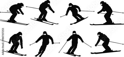 Skier silhouette collection, alpine skiing action poses with poles isolated black vector illustration set for winter sport design projects
