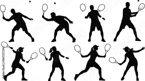 Tennis player silhouette collection, men and women action poses with racket, sports vector illustration set isolated white background design elements