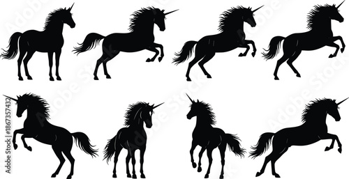 Unicorn silhouette collection, mythical horse poses, fantasy creature running and rearing isolated black vector illustration set for design projects usage