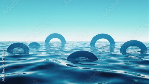 Abstract Blue Rings Floating on Rippling Water Surface.