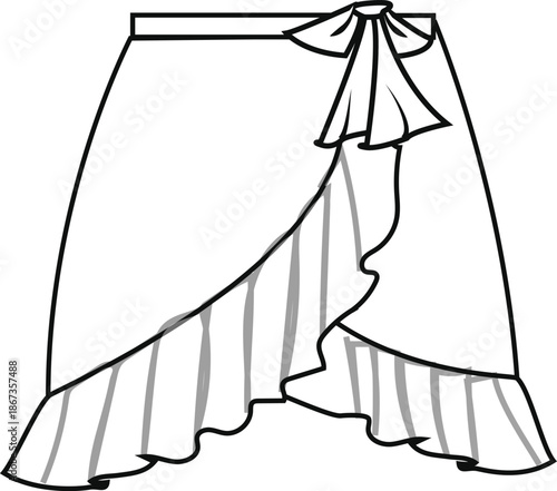 skirt gather wrap frill bow cad Garment Flat clothing technical drawing cads fashion design apparel outline v neck eyelash lace trending vector designer  women illustration croquettes mock up girls pr