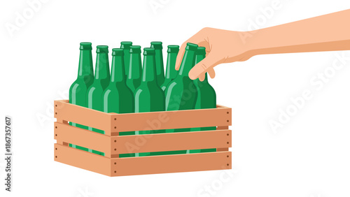 A hand selects a green glass bottle from a full wooden crate of beverages, emphasizing choice and availability.