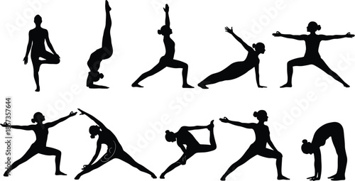 Yoga woman silhouette collection, advanced stretching and balance poses, female fitness wellness vector illustration set isolated on white background