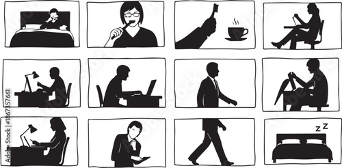 Daily Life Silhouettes of People at Work and Rest