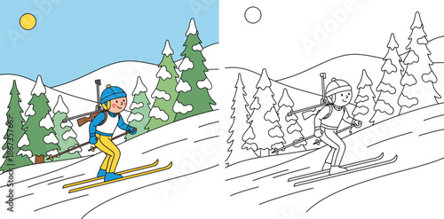Coloring book page biathlon skier. Vector cartoon illustration of a boy skiing in winter landscape with color and outline versions for children education and fun activity.