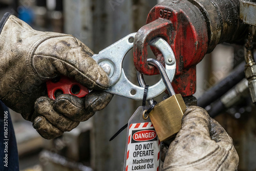 Heavy industry worker hands securing metal scissor lockout hasp with brass padlock and danger tag on valve during machinery maintenance