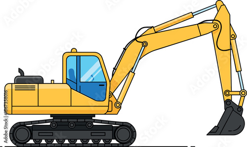 Flavector, yellow hydraulic excavator with bucket, tracked base, construction equipment, digging machine, industrial site, operator cab