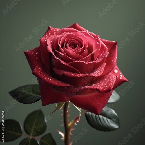 A single beautiful red rose blossom with water droplets on its petals is isolated on white as a romantic Valentine gift symbolizing love, nature, and floral beauty for a special anniversary
