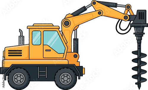 MobileFlavector, yellow auger drill construction vehicle, earth boring machine, excavation equipment, hydraulic arm, infrastructure tool