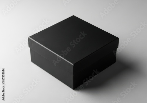 A simple closed black square box casting a shadow isolated on white background