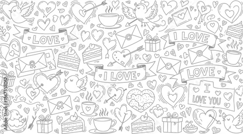 A delightful collection of love themed doodles and illustrations for coloring