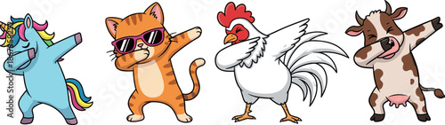 Funny dancing animal characters unicorn cat rooster and cow cartoon illustration set isolated vector for stickers kids designs entertainment