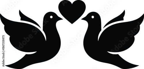 Two black doves with wings spread in flight forming a heart shape