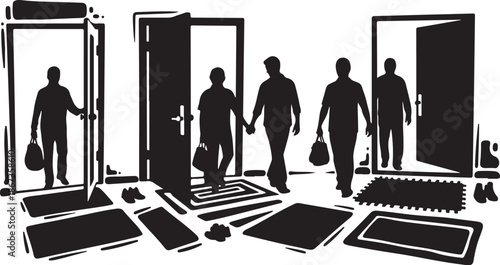 Silhouette of people entering through multiple doors together