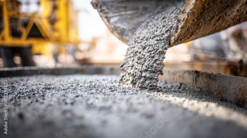 Wet concrete is poured from a machine onto a construction site showing texture and details