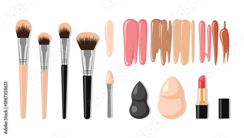 A collection of makeup products including brushes, foundation swatches, sponges, and lipstick, arranged for beauty demonstration.