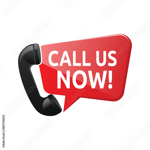 Call us now! red speech bubble with telephone receiver icon Vector