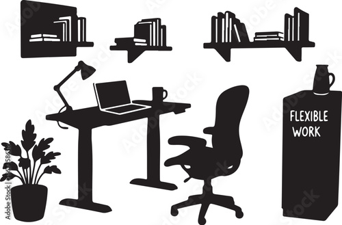 Flexible Workspace with Modern Office Furniture Silhouette