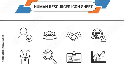 Black outline icon sheet of essential human resources concepts for business management