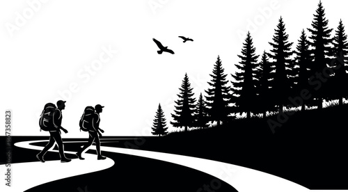 Hiking adventure silhouettes vector illustration showing backpackers walking on forest trail with pine trees, birds, nature landscape, and outdoor travel scenery