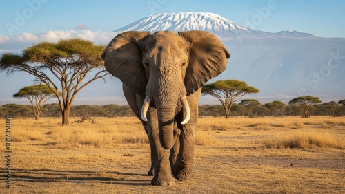 African elephant walking with Mount Kilimanjaro background