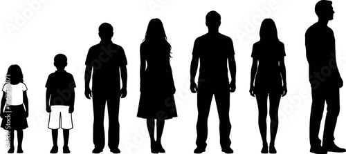 Human growth stages silhouettes vector set showing children, teenagers, adults, men and women standing in chronological age development order