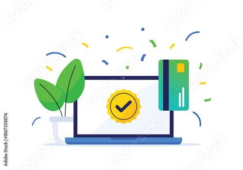 Online payment confirmed with a checkmark on a laptop screen Vector