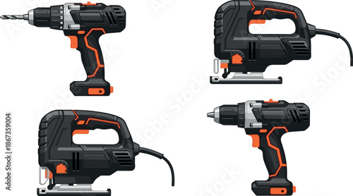 Industrial power tools set illustration cordless drill and electric jigsaw equipment construction repair workshop vector design