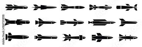 Black missile icon collection, combat rocket weapons silhouette set, military weapon and rocket symbols, missile silhouettes for defense, warfare, and security design projects.