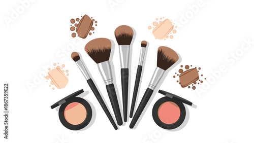 Assorted makeup brushes and compact powders arranged artistically, depicting cosmetic application and beauty artistry.