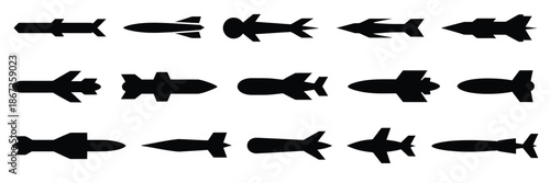 Black missile silhouette collection, combat rocket weapons icons, military weapon symbols set, missiles and rockets for defense industry graphics, security visuals, and modern warfare themes.