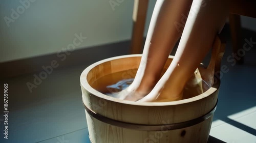 Woman's legs soaking in a wooden foot bath, sunlit by window