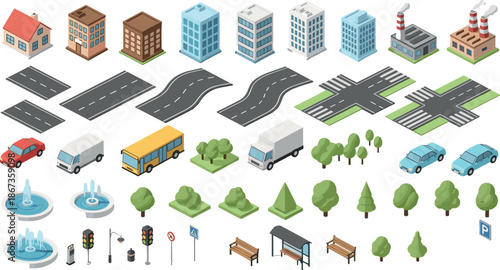 Isometric City Builder Elements Set with Buildings Roads Vehicles Trees Street Furniture and Urban Infrastructure Flat Vector Illustration