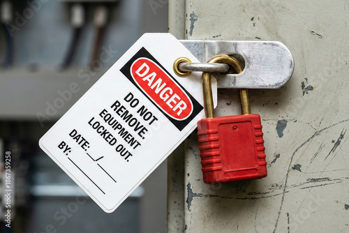 Red safety lockout padlock and danger tag secured on industrial equipment cabinet door to prevent unauthorized access during maintenance procedure