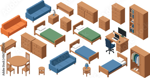 Isometric Home Furniture Set Vector Illustration With Beds Sofas Tables Wardrobes Office Desk Modern Interior Design Collection