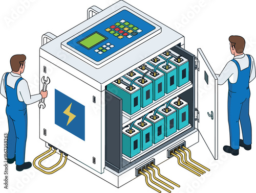 Isometric Industrial Battery Storage System Vector Illustration With Technicians Power Energy Control Cabinet Maintenance Concept Smart Electrical Infrastructure Technology Design