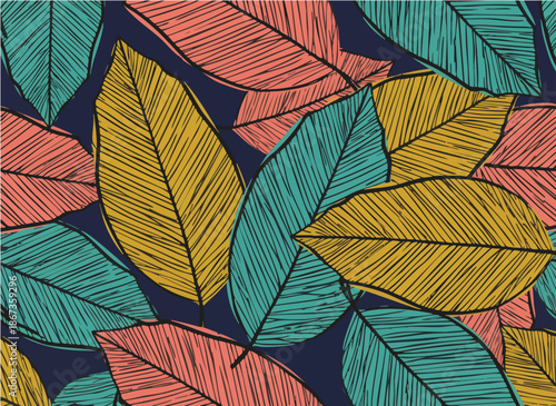 Colorful leaves pattern in hand drawn style with bold lines and vibrant colors on dark background for textile design