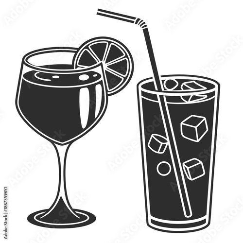 Set of colorful cocktail and juice drinks in glasses with fruit, ice, and straws on a white background